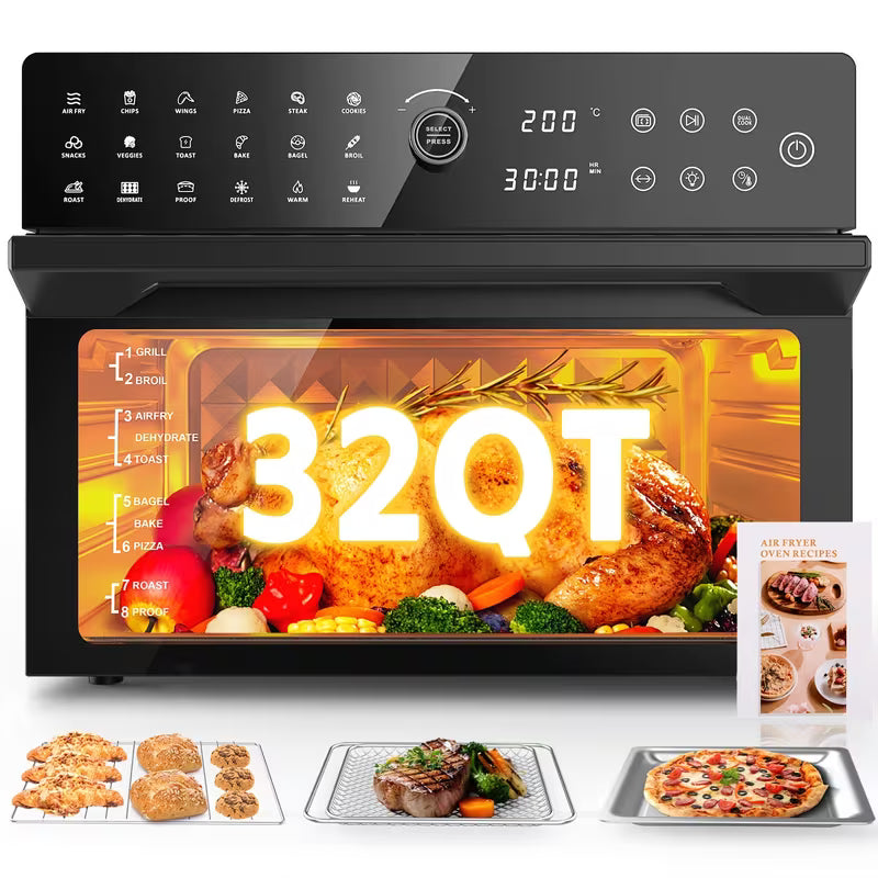 Extra Large 32 Quart Air Fryer Oven And Toaster Oven Combo 20 In 1 Countertop Convection Oven With 13 Pizza Pan 7 Accessories Clear Door 1800W Black