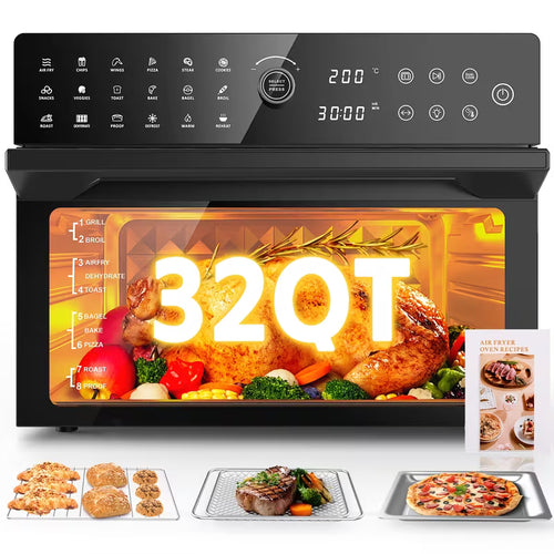 Extra Large 32 Quart Air Fryer Oven And Toaster Oven Combo 20 In 1 Countertop Convection Oven With 13 Pizza Pan 7 Accessories Clear Door 1800W Black