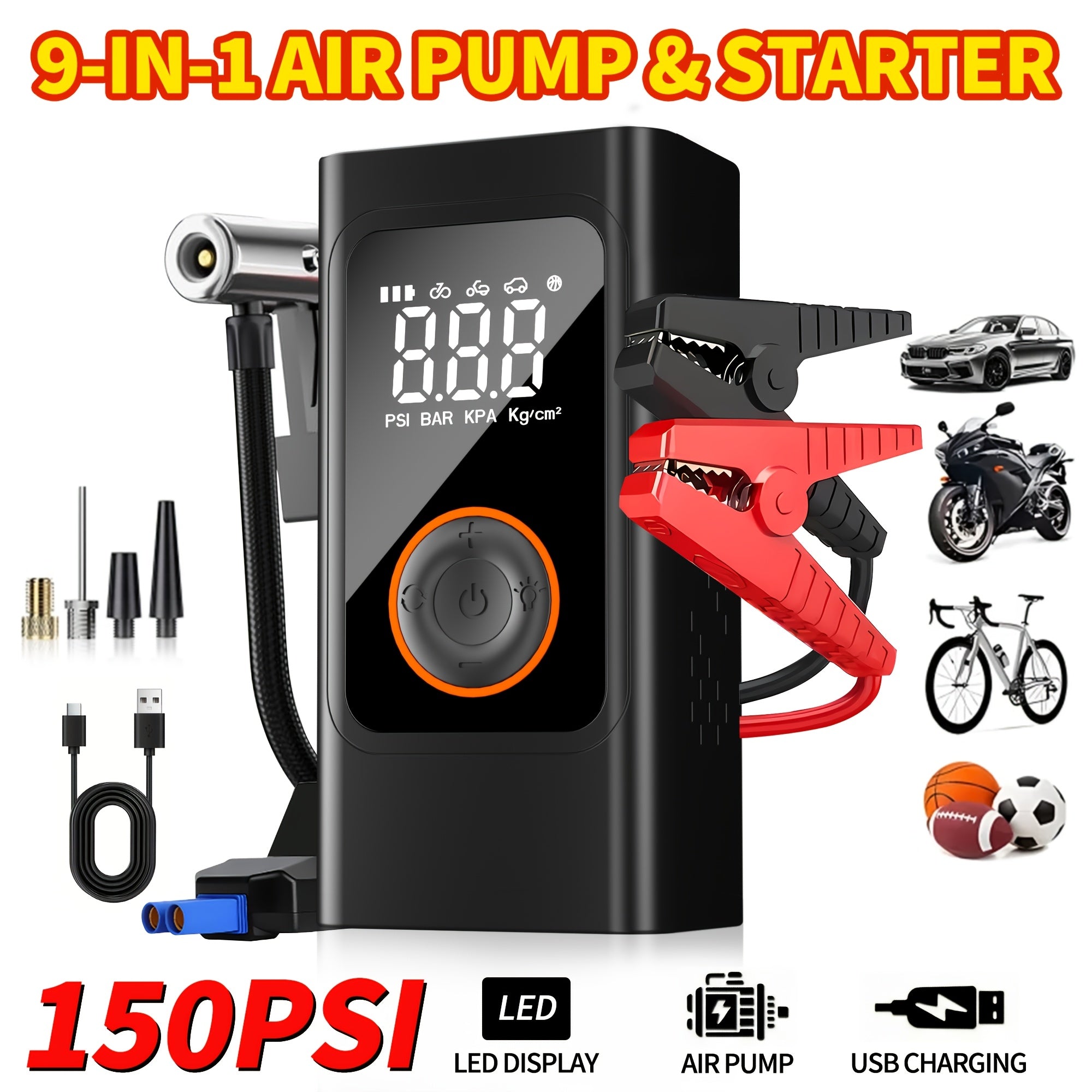 Cordless Tire Inflator Portable Air Compressor 150PSI with LED & Pressure Gauge