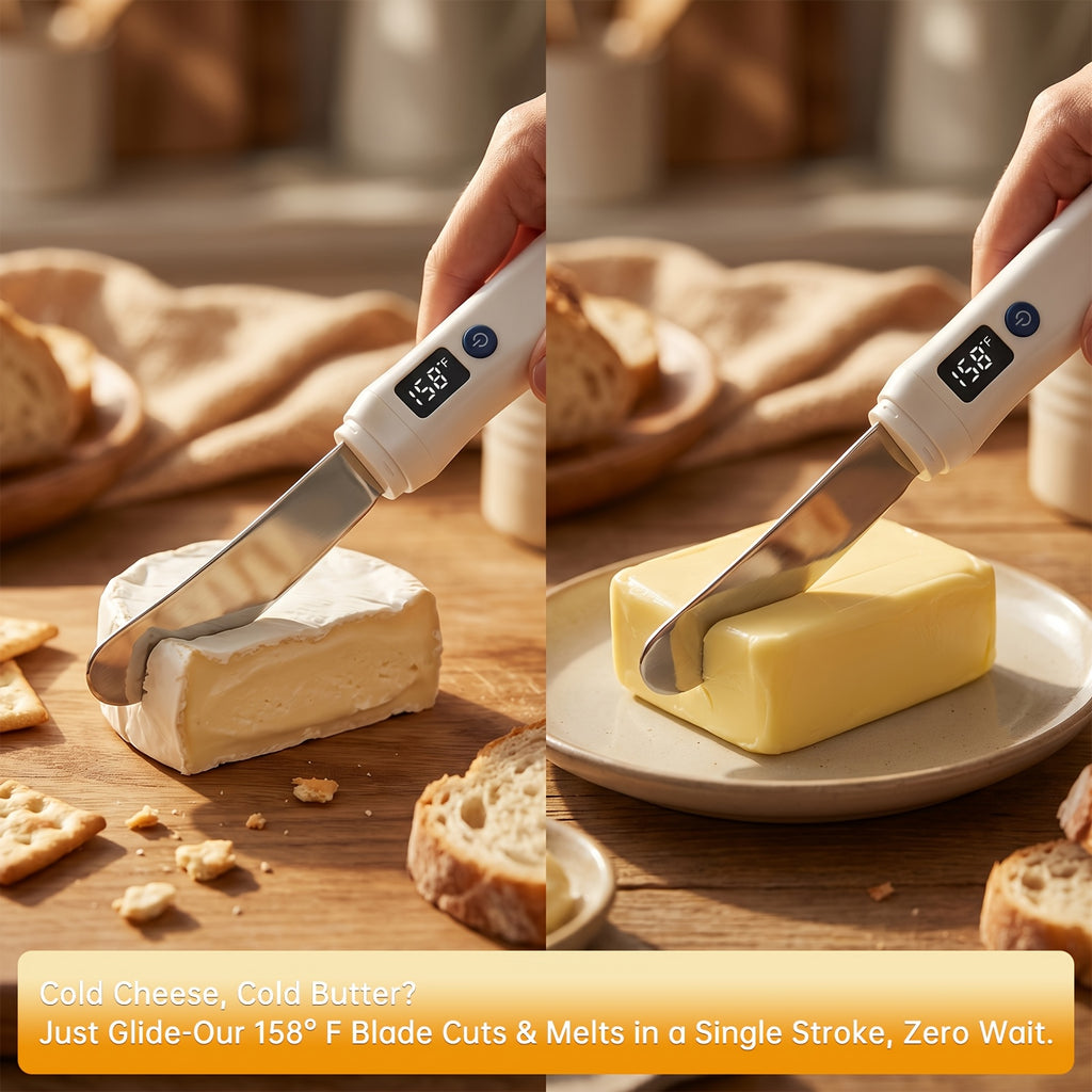 Heated Butter Knife With Smart LED Display Dual Temperature Settings USB Rechargeable White