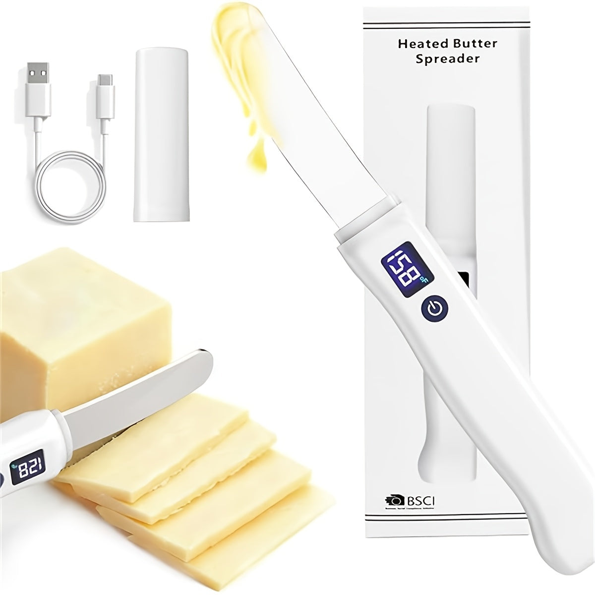 Heated Butter Knife With Smart LED Display Dual Temperature Settings USB Rechargeable White