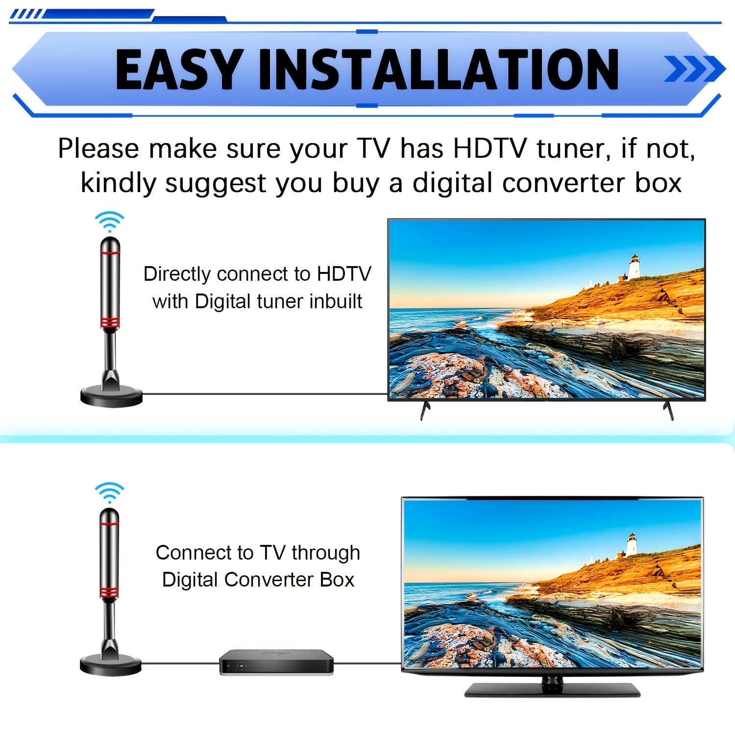 TV Antenna Indoor Outdoor 150 Mile Long Range HD Digital 8K 4K 1080P with 10Ft Coaxial Cable