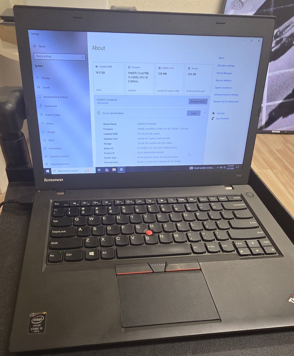 Lenovo Thinkpad T450 14" Laptop - I5 2.30Ghz CPU 16GB RAM 240GB SSD  Win 10 Pro