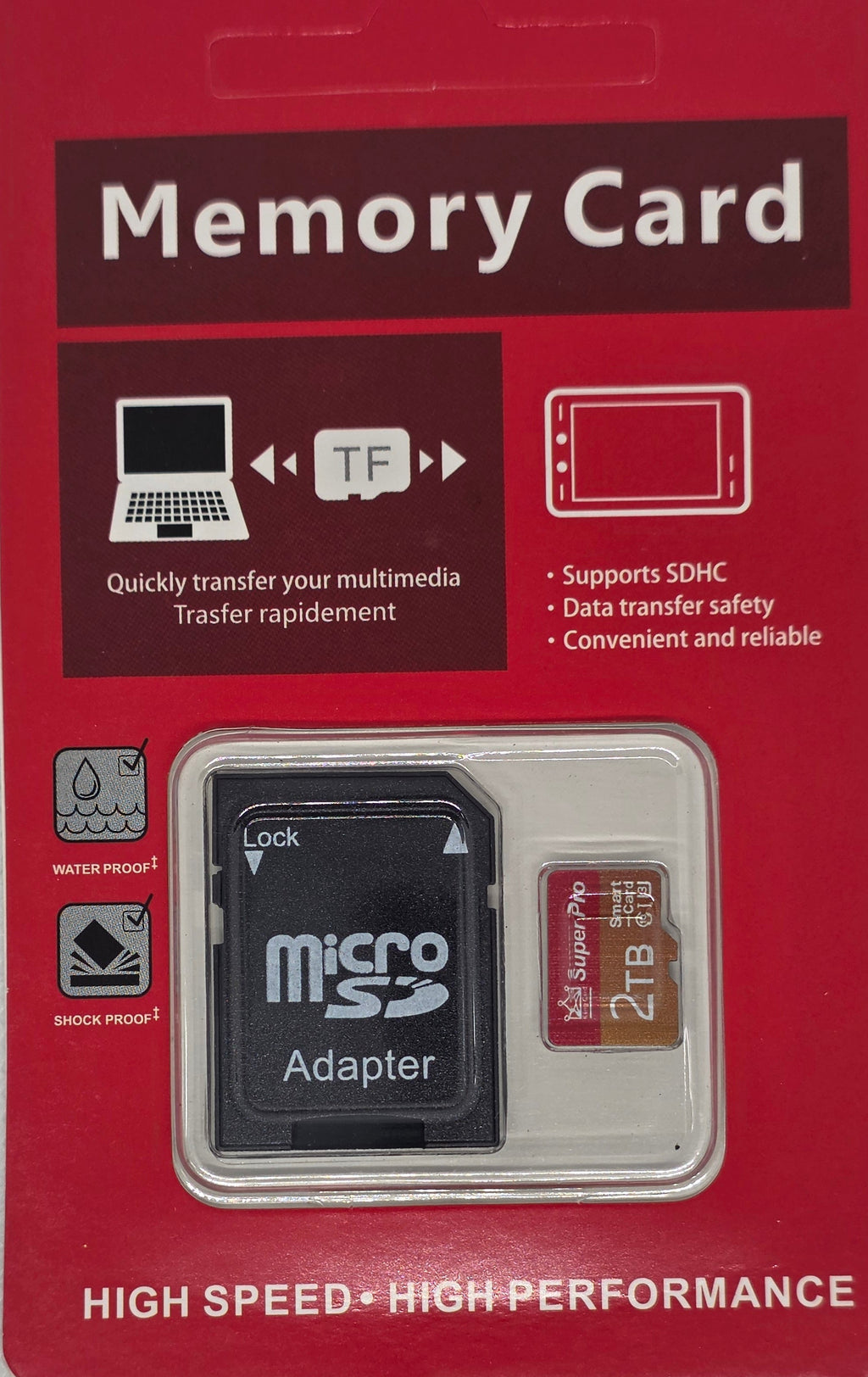 A microSD card adapter and a small SIM card inside a red retail package labeled 'Memory Card' on a light textured background.