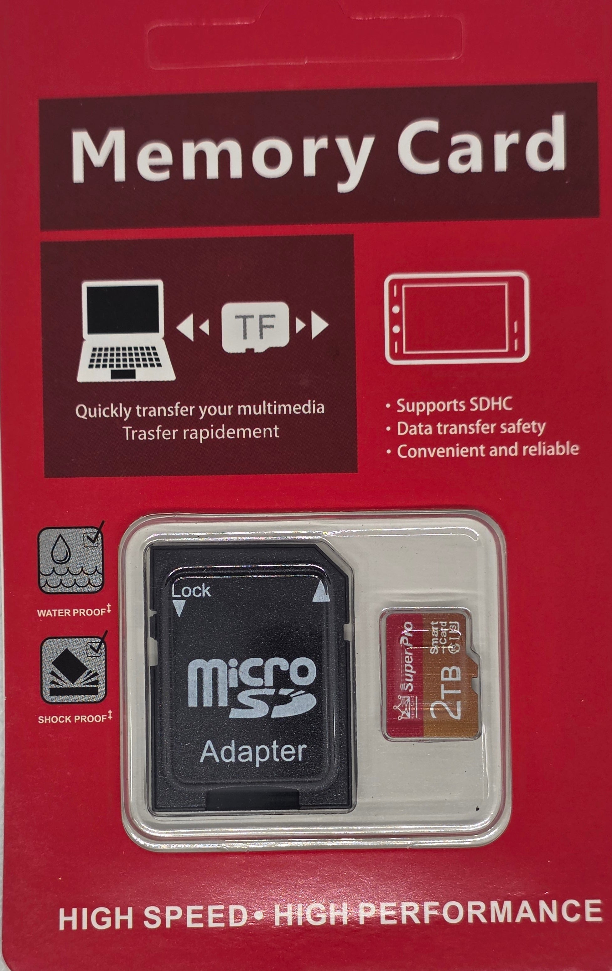 A microSD card adapter and a small SIM card inside a red retail package labeled 'Memory Card' on a light textured background.