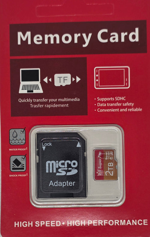 A microSD card adapter and a small SIM card inside a red retail package labeled 'Memory Card' on a light textured background.