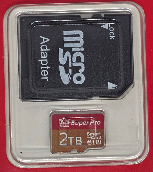 Micro SD adapter and 2TB microSD memory card in its original red retail packaging, featuring compatibility icons and product highlights.