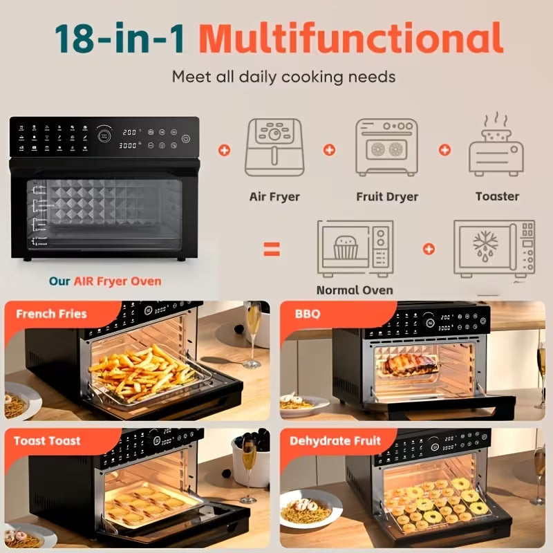 Extra Large 32 Quart Air Fryer Oven And Toaster Oven Combo 20 In 1 Countertop Convection Oven With 13 Pizza Pan 7 Accessories Clear Door 1800W Black