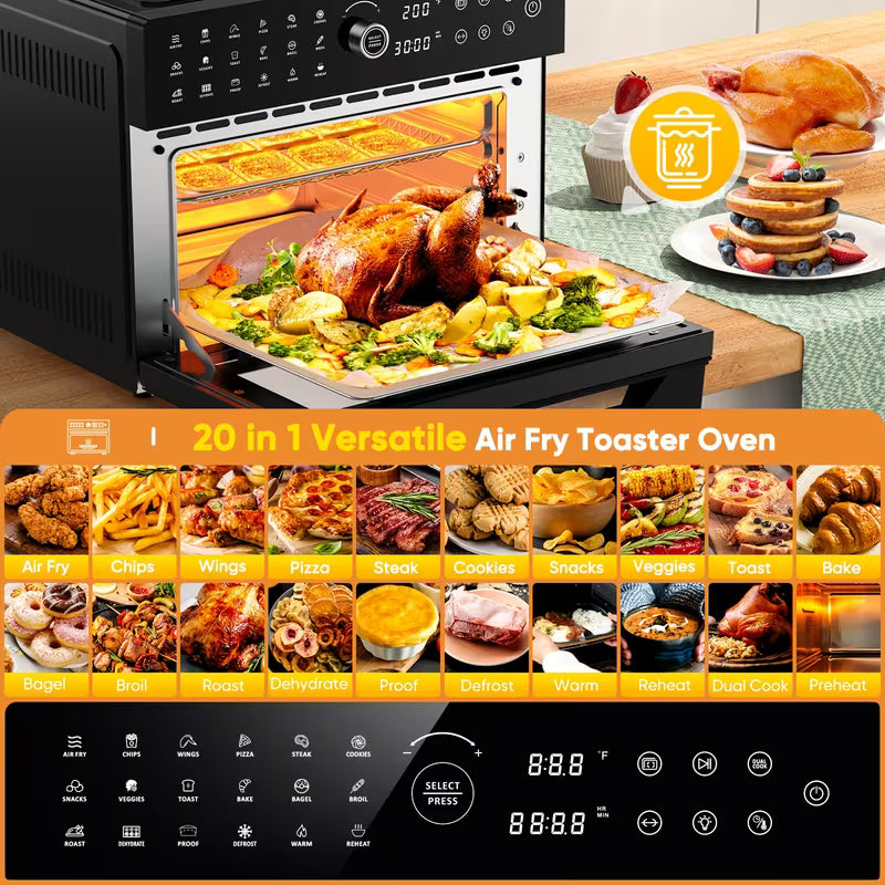 Extra Large 32 Quart Air Fryer Oven And Toaster Oven Combo 20 In 1 Countertop Convection Oven With 13 Pizza Pan 7 Accessories Clear Door 1800W Black