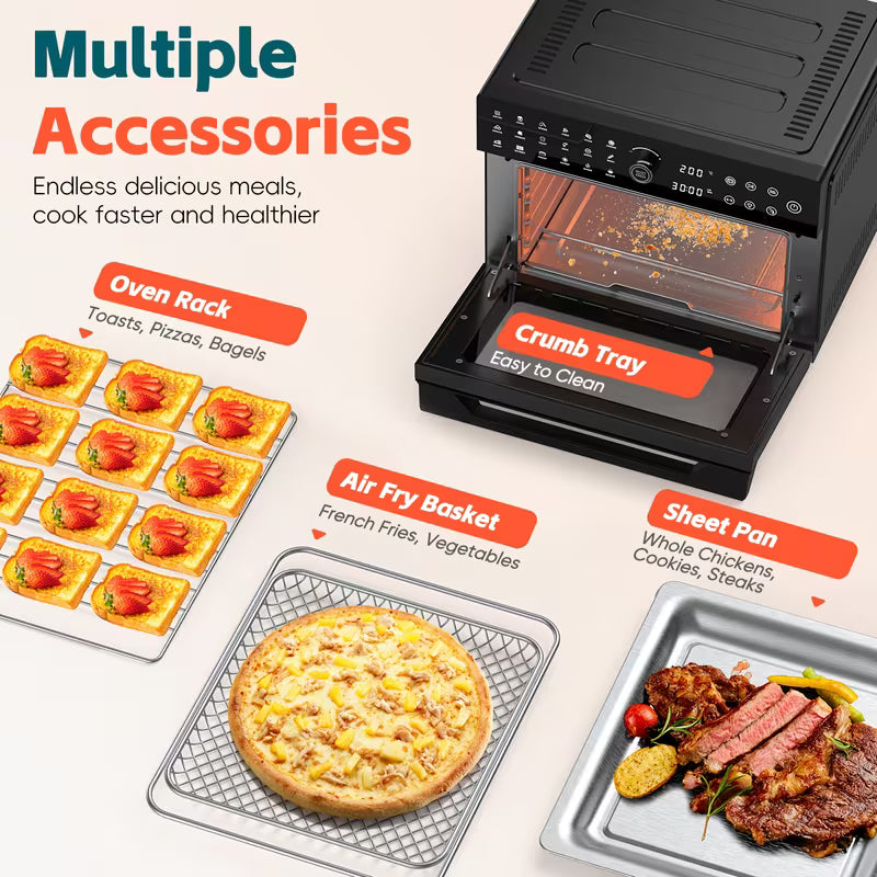 Extra Large 32 Quart Air Fryer Oven And Toaster Oven Combo 20 In 1 Countertop Convection Oven With 13 Pizza Pan 7 Accessories Clear Door 1800W Black