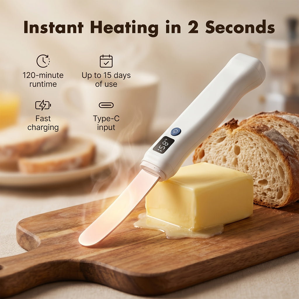 Heated Butter Knife With Smart LED Display Dual Temperature Settings USB Rechargeable White