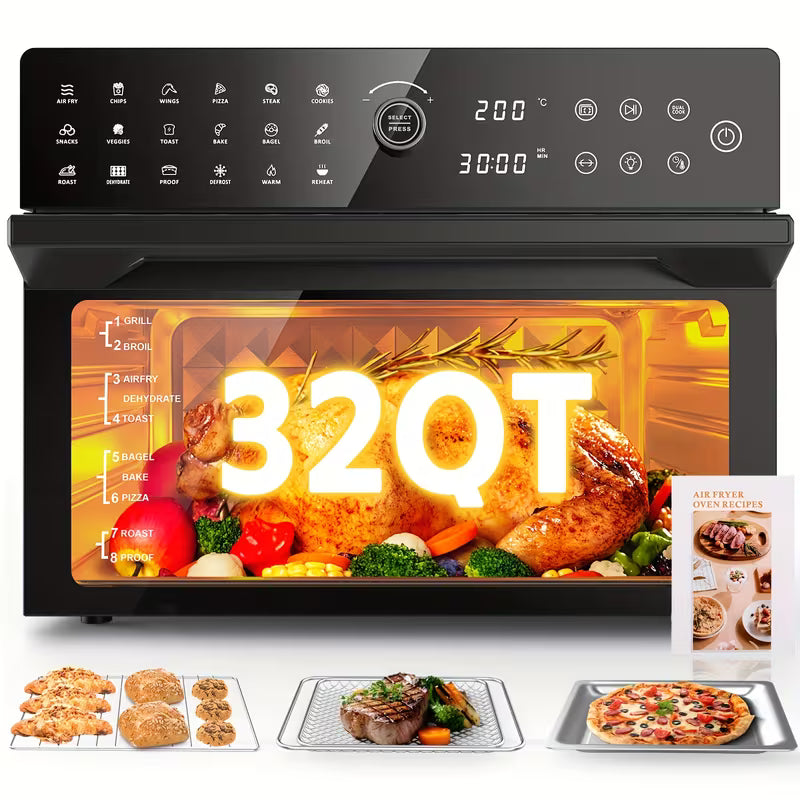 Extra Large 32 Quart Air Fryer Oven And Toaster Oven Combo 20 In 1 Countertop Convection Oven With 13 Pizza Pan 7 Accessories Clear Door 1800W Black