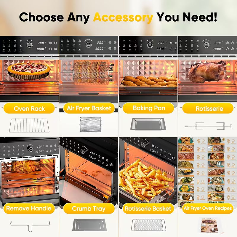 Extra Large 32 Quart Air Fryer Oven And Toaster Oven Combo 20 In 1 Countertop Convection Oven With 13 Pizza Pan 7 Accessories Clear Door 1800W Black