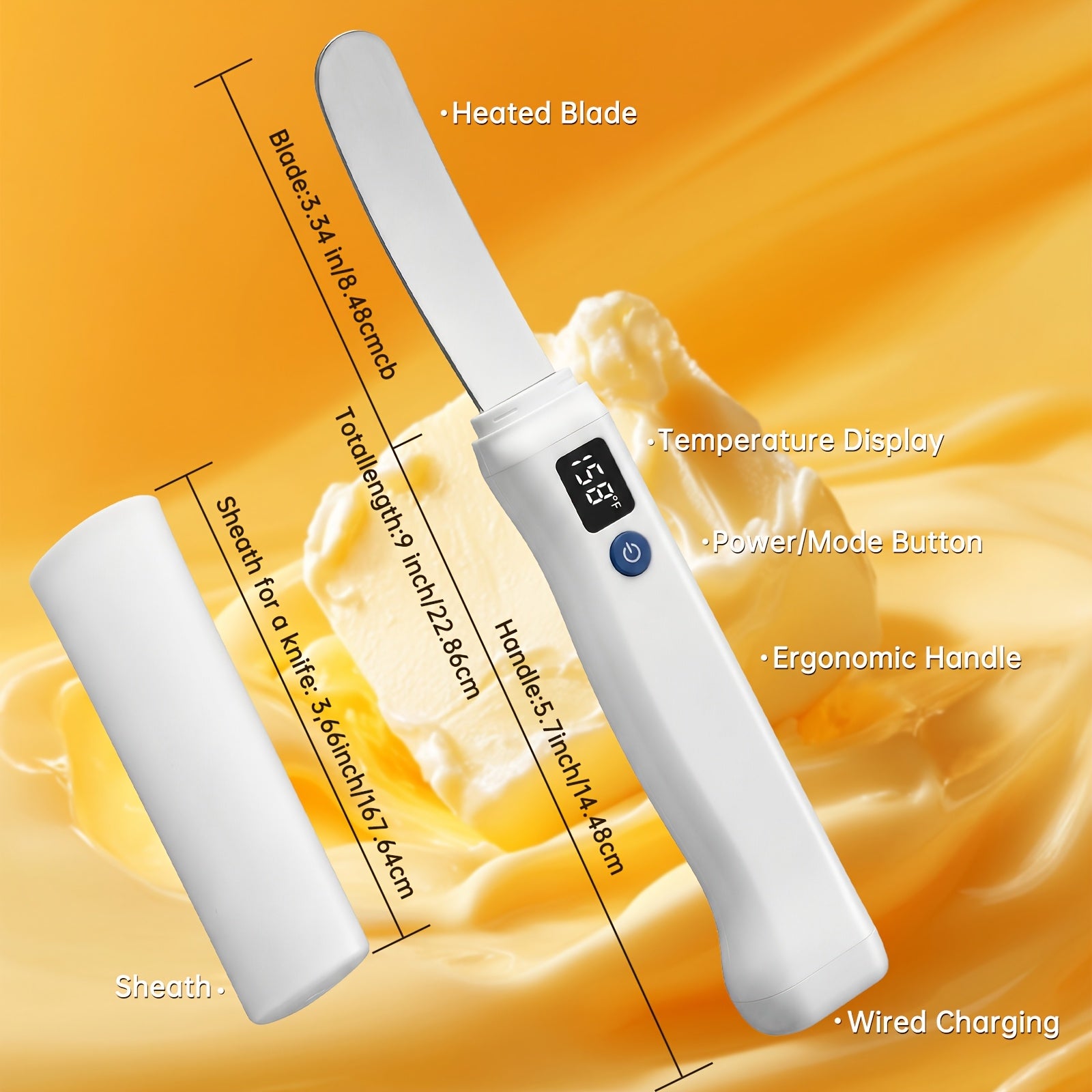 Heated Butter Knife With Smart LED Display Dual Temperature Settings USB Rechargeable White