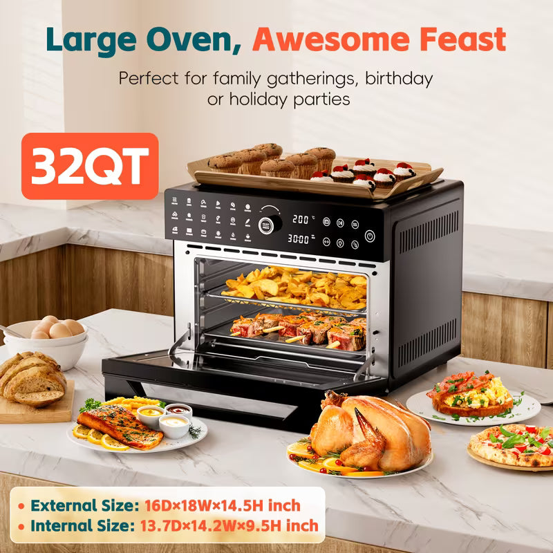 Extra Large 32 Quart Air Fryer Oven And Toaster Oven Combo 20 In 1 Countertop Convection Oven With 13 Pizza Pan 7 Accessories Clear Door 1800W Black