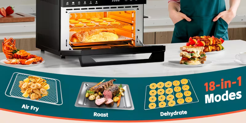 Extra Large 32 Quart Air Fryer Oven And Toaster Oven Combo 20 In 1 Countertop Convection Oven With 13 Pizza Pan 7 Accessories Clear Door 1800W Black