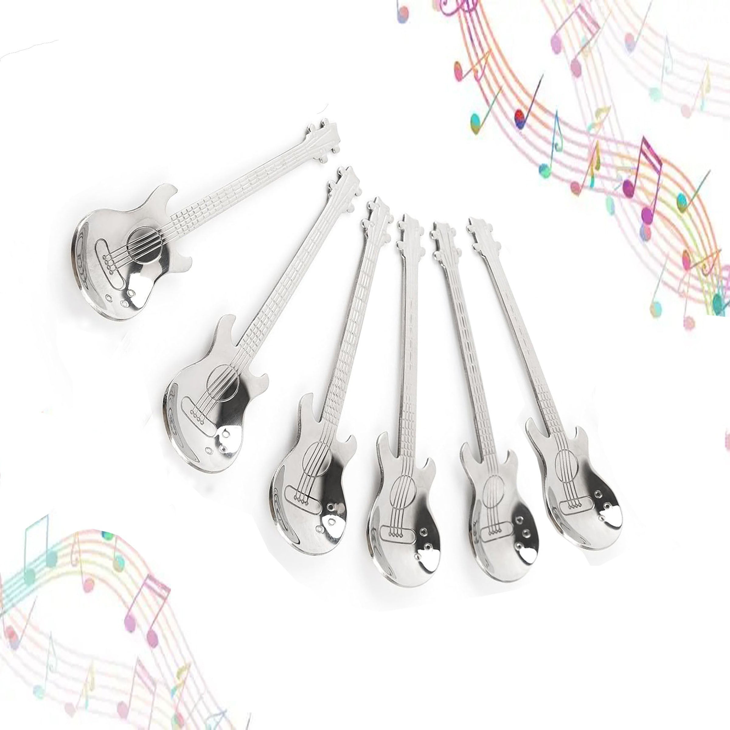 304 Stainless Steel Guitar Spoons Set 6Pcs Mirror Polished Dessert Spoons Cup Hanging