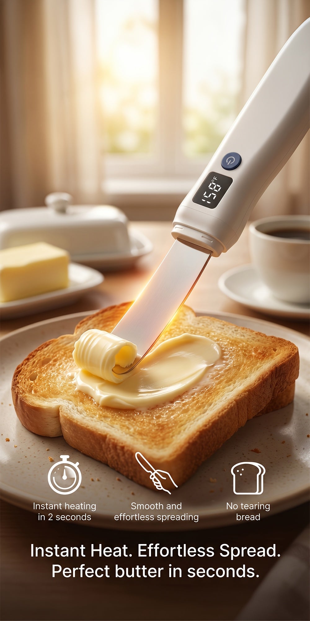 Heated Butter Knife With Smart LED Display Dual Temperature Settings USB Rechargeable White