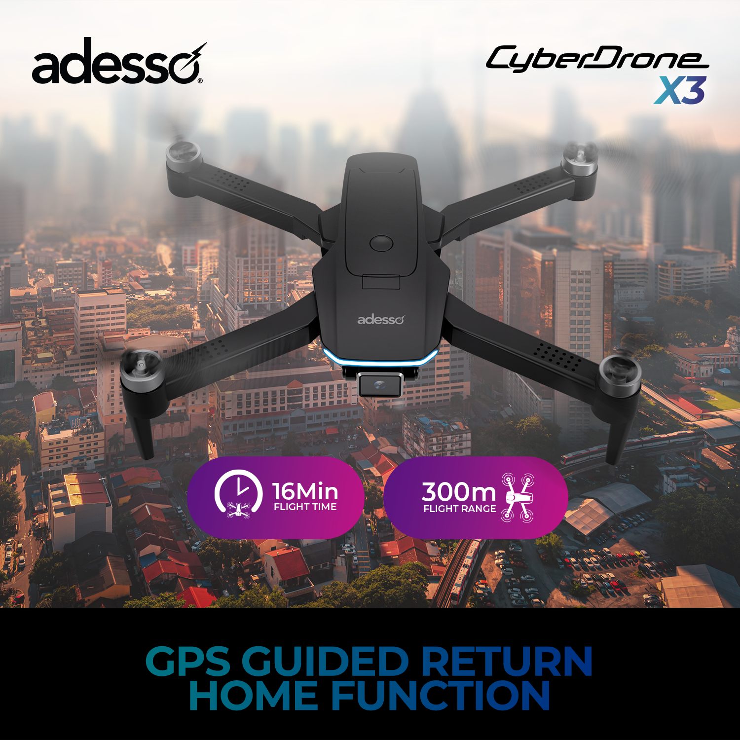 Adesso CyberDrone X3 2K FPV Camera Drone With Gimbal 16 Min Flight Time 300M Range Black