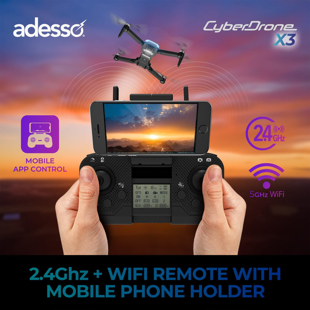 Adesso CyberDrone X3 2K FPV Camera Drone With Gimbal 16 Min Flight Time 300M Range Black
