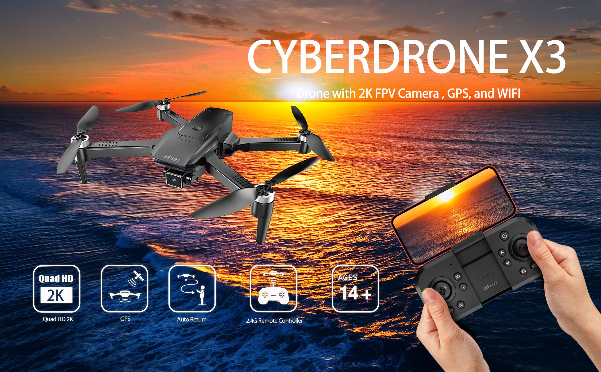 Adesso CyberDrone X3 2K FPV Camera Drone With Gimbal 16 Min Flight Time 300M Range Black