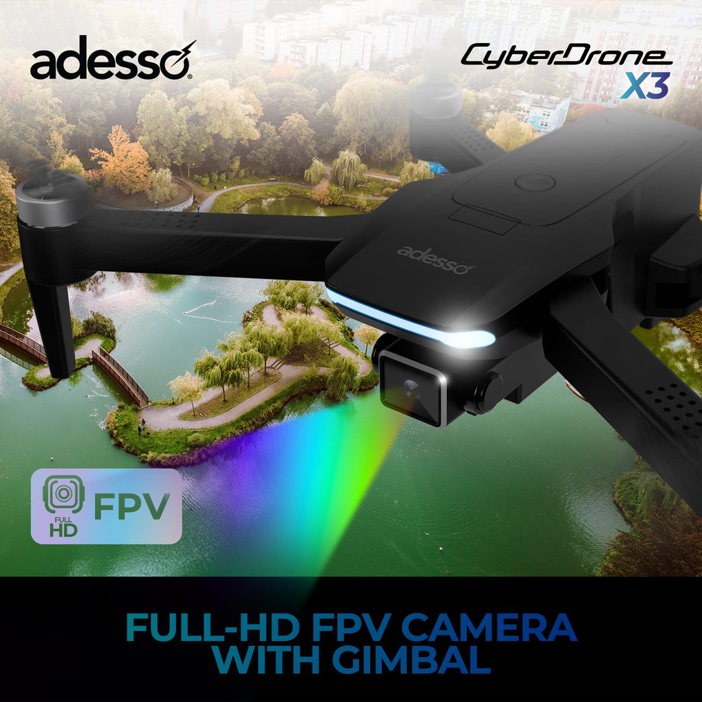 Adesso CyberDrone X3 2K FPV Camera Drone With Gimbal 16 Min Flight Time 300M Range Black