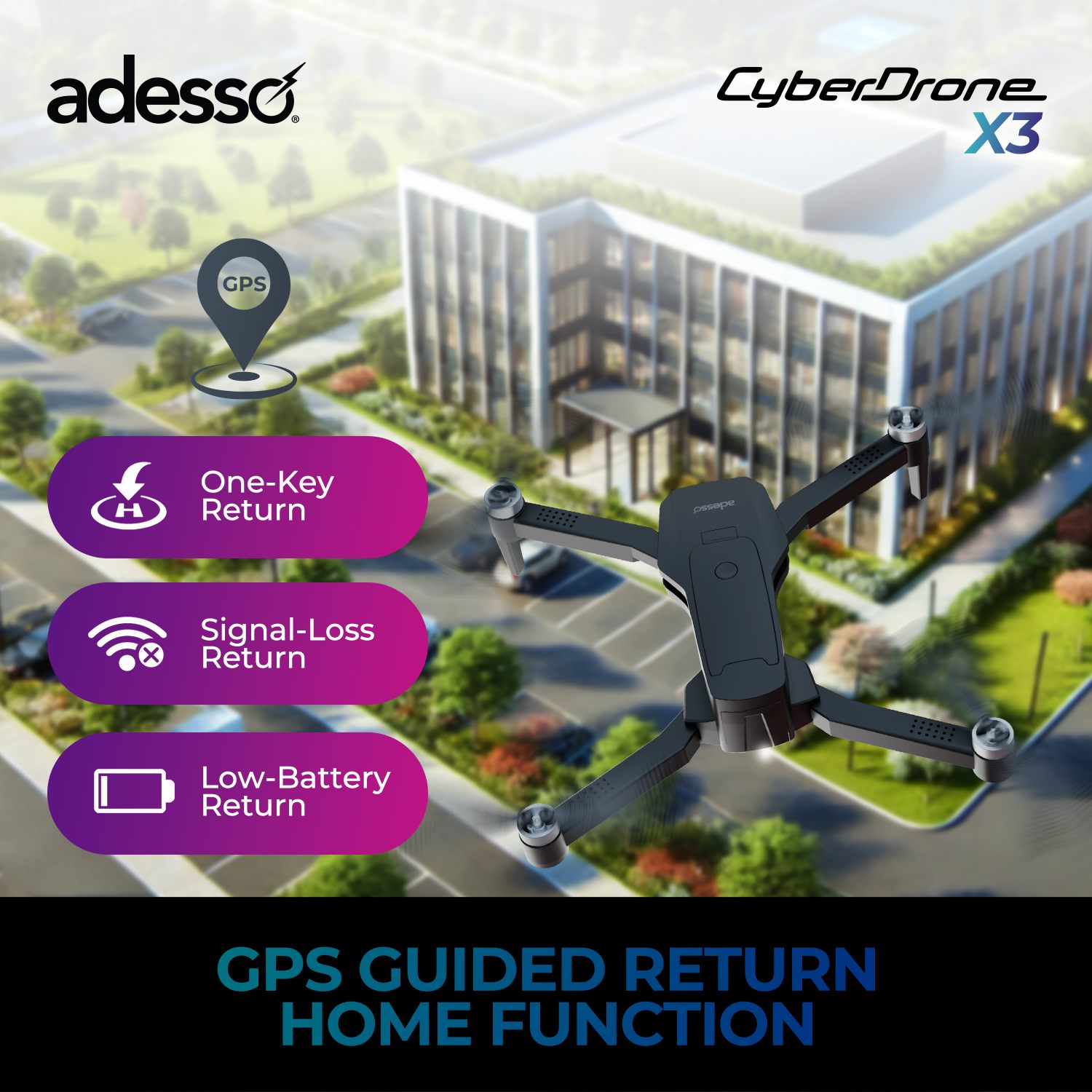 Adesso CyberDrone X3 2K FPV Camera Drone With Gimbal 16 Min Flight Time 300M Range Black