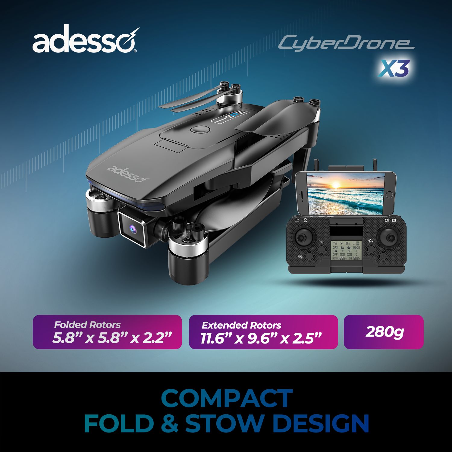 Adesso CyberDrone X3 2K FPV Camera Drone With Gimbal 16 Min Flight Time 300M Range Black