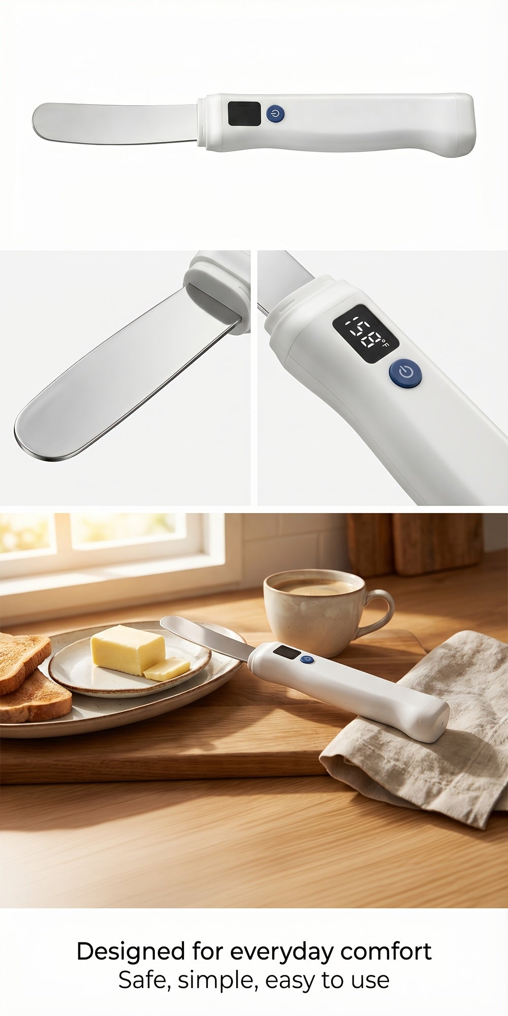 Heated Butter Knife With Smart LED Display Dual Temperature Settings USB Rechargeable White