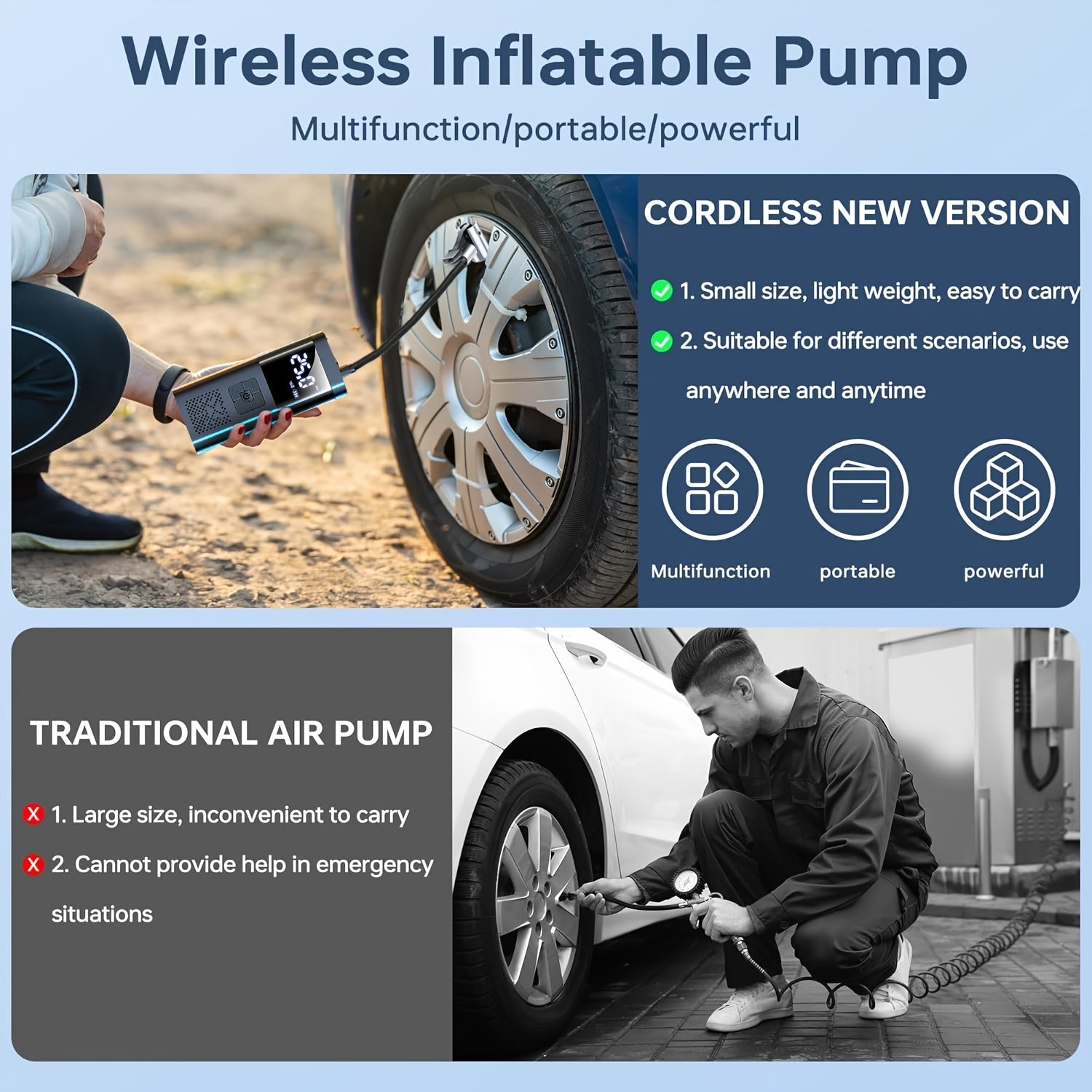 Cordless Tire Inflator Portable Air Compressor 150PSI with LED & Pressure Gauge